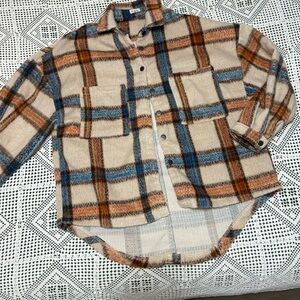 POL Plaid Button-Up Jacket Coat in Cream, Blue & Brown
